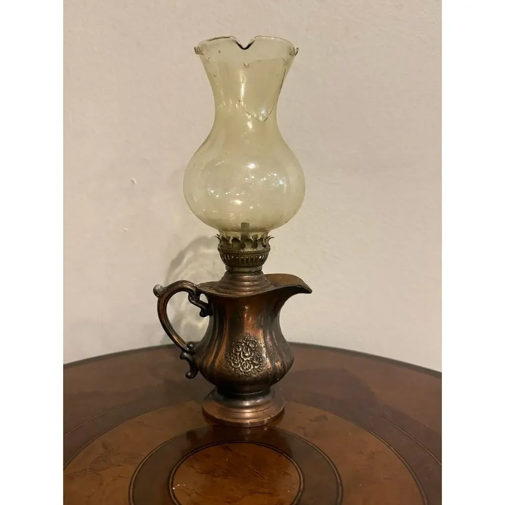 Vintage Miniature Copper Oil Lamp Pitcher Base Ruffled Glass Chimney Hong Kong